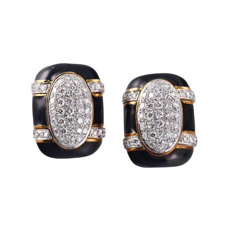 18k Gold Diamond Enamel Earrings