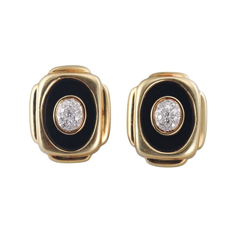 Pair of 18k Gold Diamond and Onyx Earrings