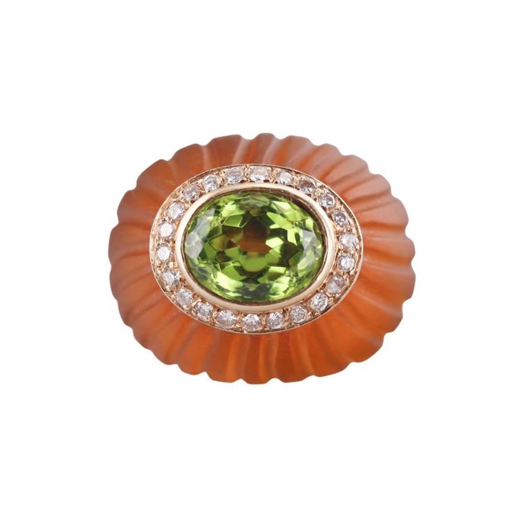 18k Gold Amber Peridot and Diamond Ring