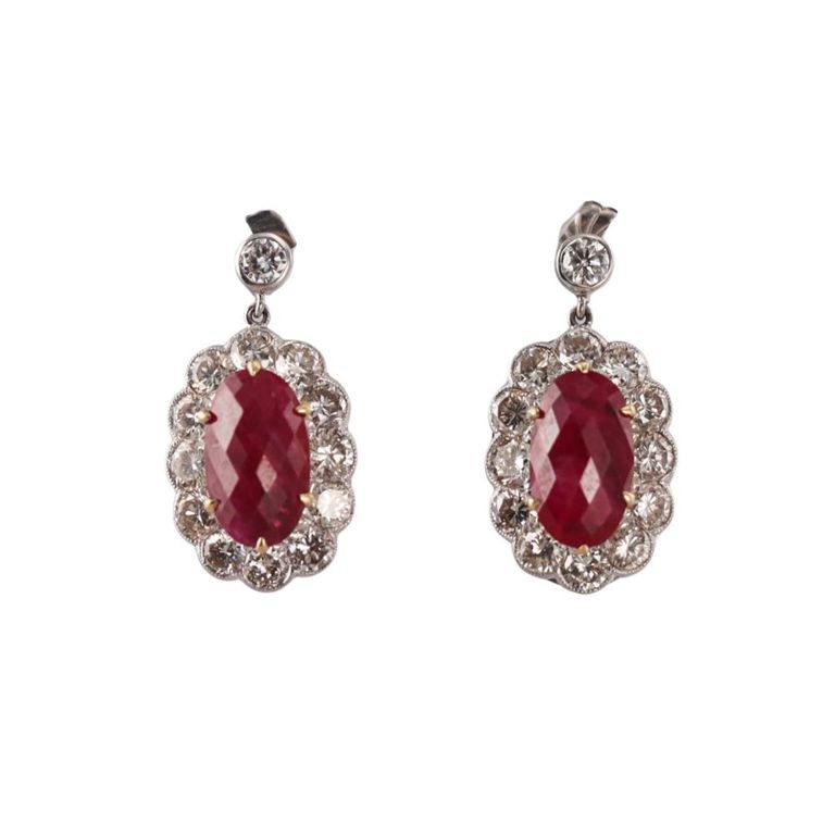 18k Gold Diamond and Ruby Drop Earrings