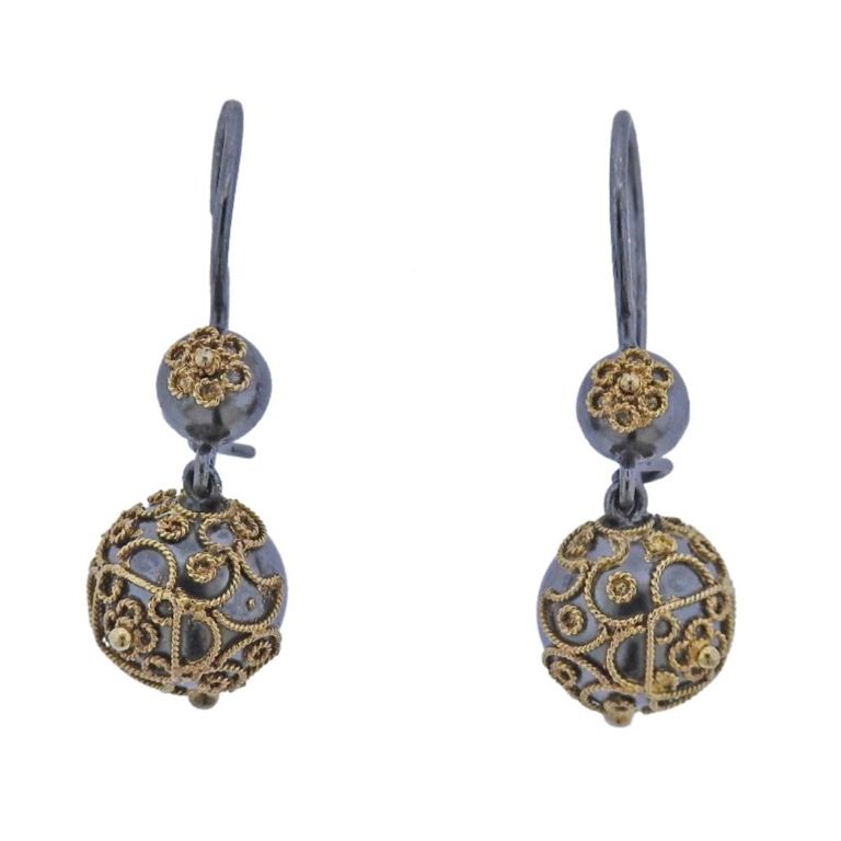 Pair of 18k Gold and Silver Filigree Earrings