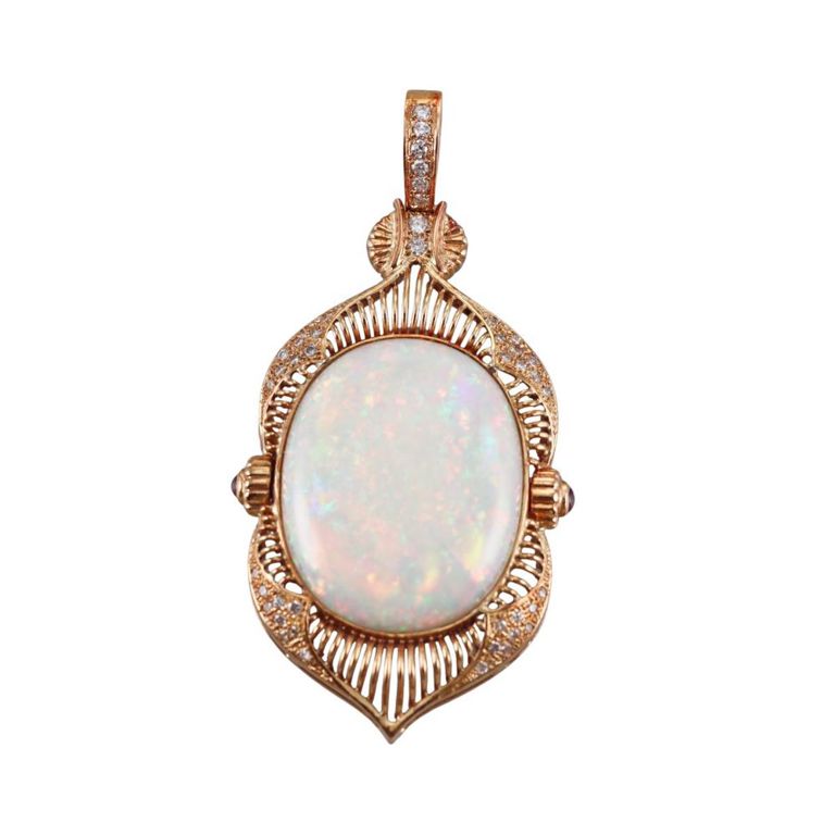 18k Gold Opal Diamond and Ruby Pendant