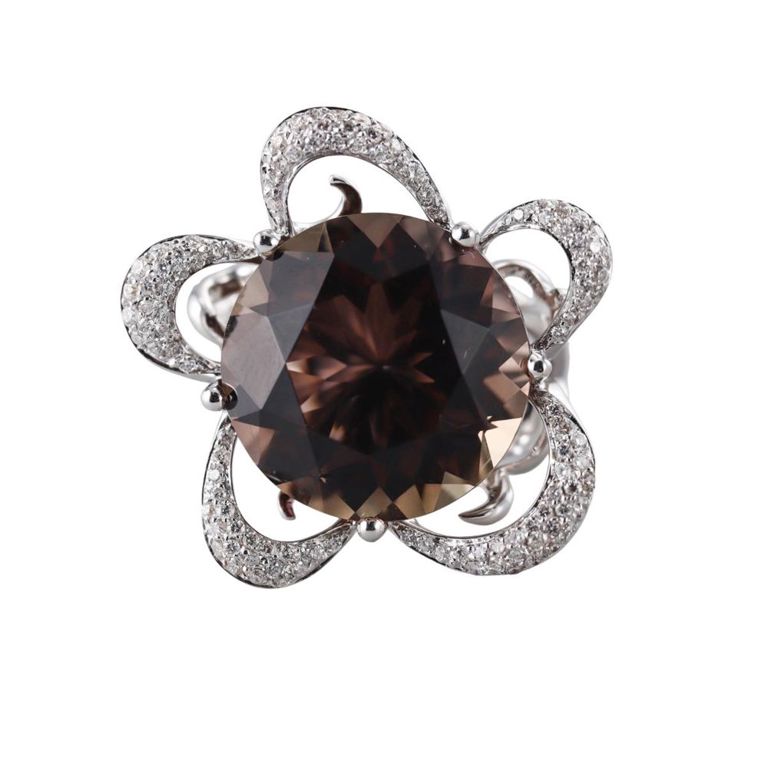 18k Gold Smoky Quartz and Diamond Ring