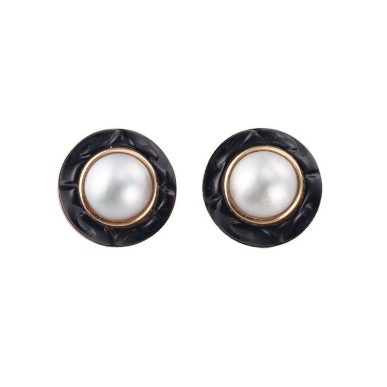 18k Gold Pearl Onyx Earrings