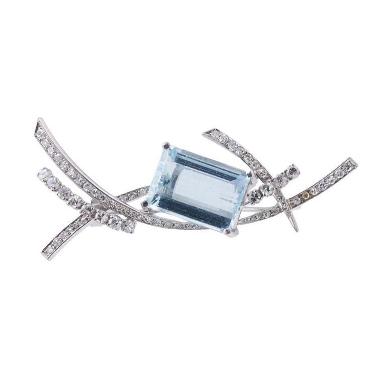 Platinum Aquamarine and Diamond Brooch