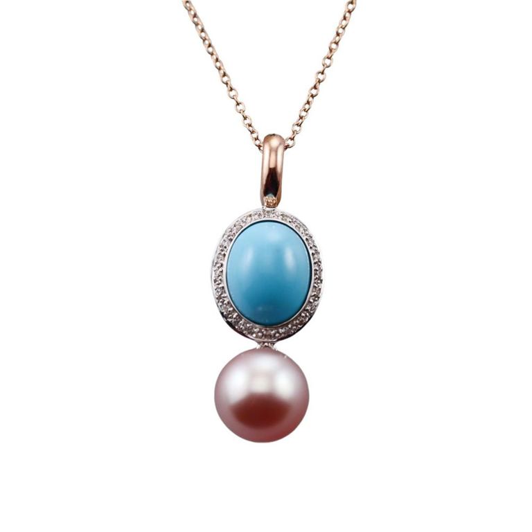Turquoise Pearl and Diamond Pendant Necklace