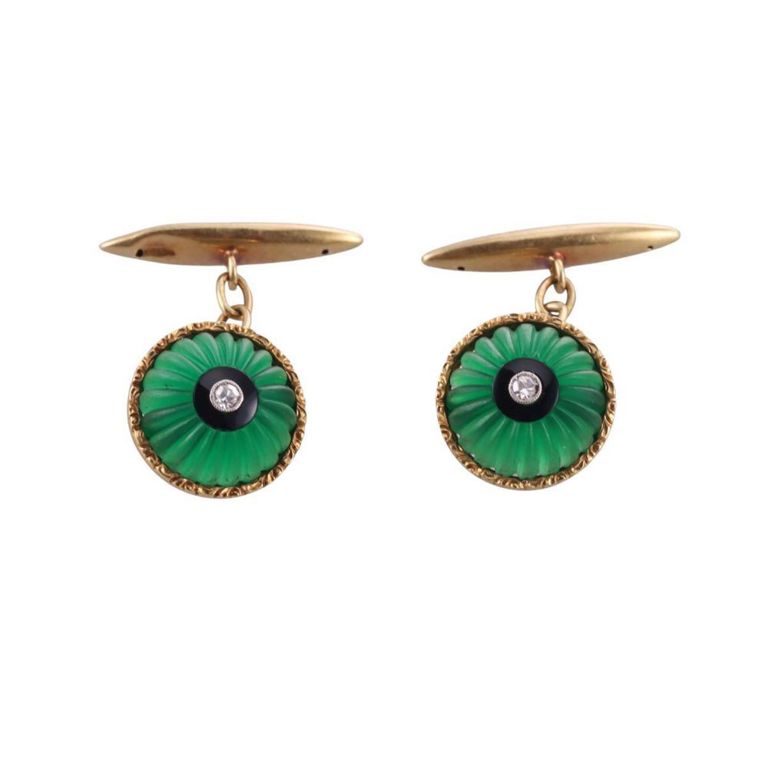 18k Gold Chrysoprase Diamond and Onyx Cufflinks