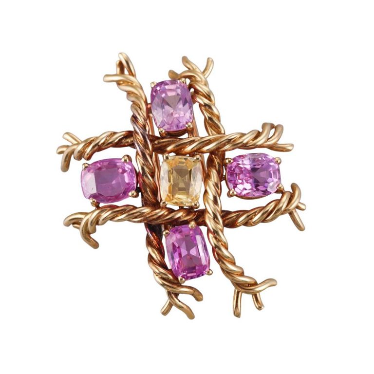 18k Gold Pink and Yellow Sapphire Brooch