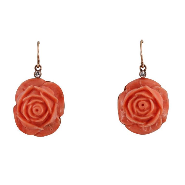18k Gold Carved Coral and Diamond Earrings