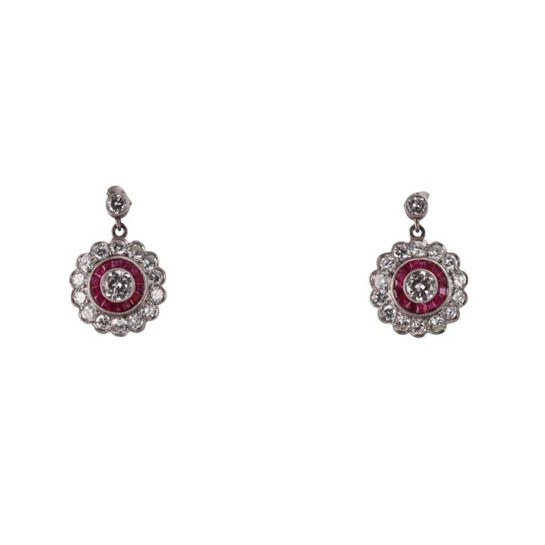 Platinum Diamond and Ruby Drop Earrings