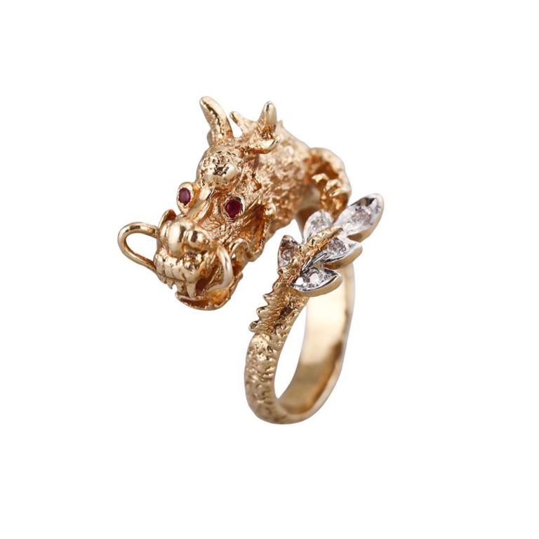 14k Gold Diamond and Ruby Dragon Ring