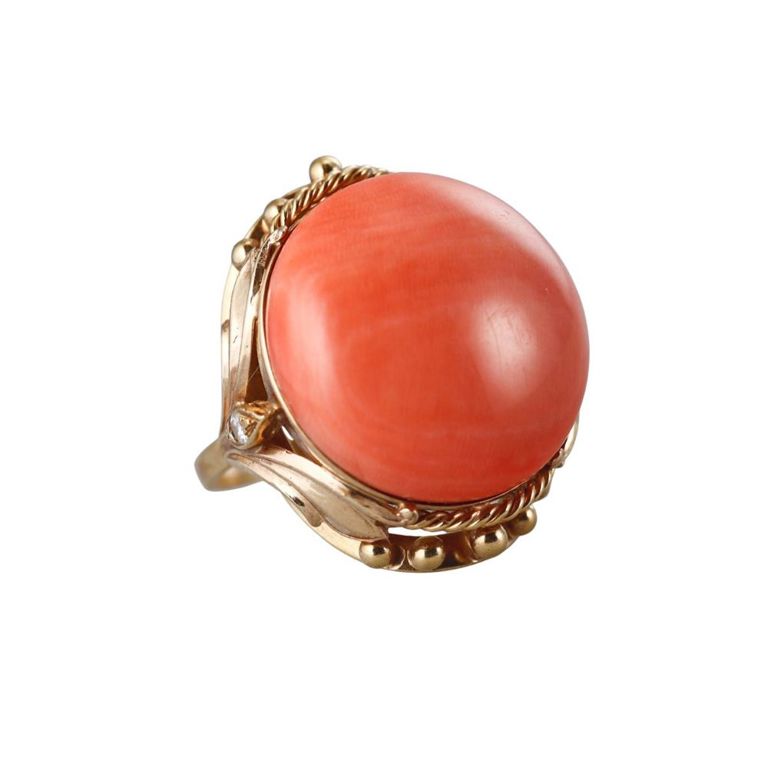 18k Gold Coral and Diamond Ring