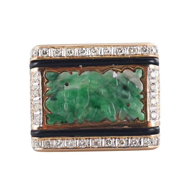 14k Gold Jade Onyx and Diamond Ring