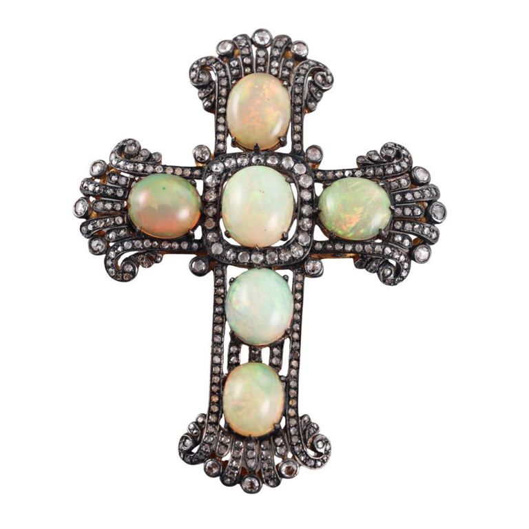 Gold Silver Diamond and Opal Cross Pendant/Brooch