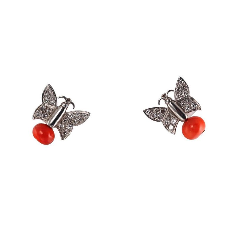 Platinum 18k Gold Diamond and Coral Earrings