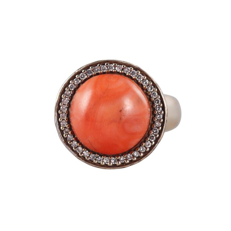 18k Gold Coral and Diamond Ring