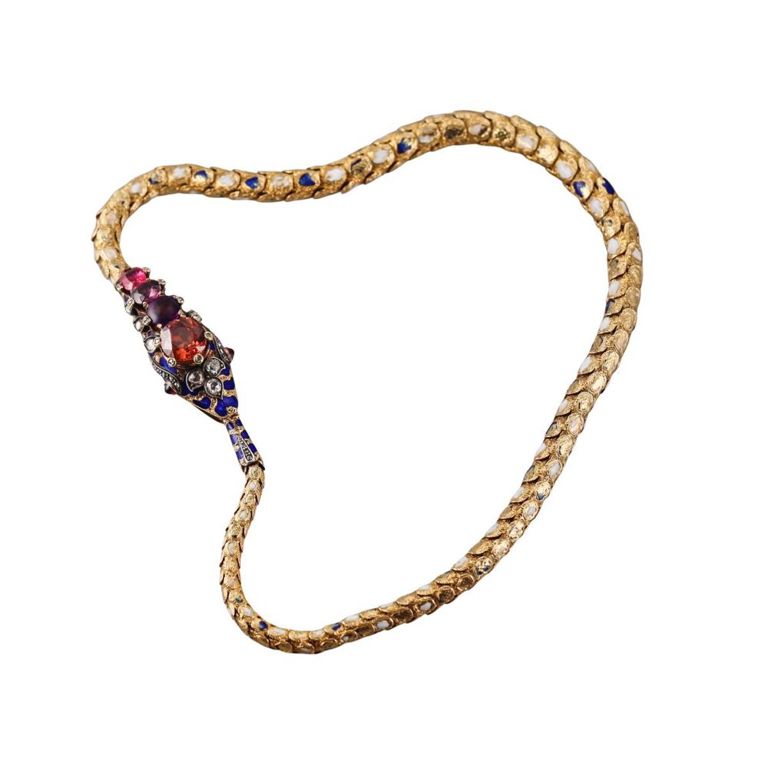18k Gold Diamond and Gemstone Snake Necklace