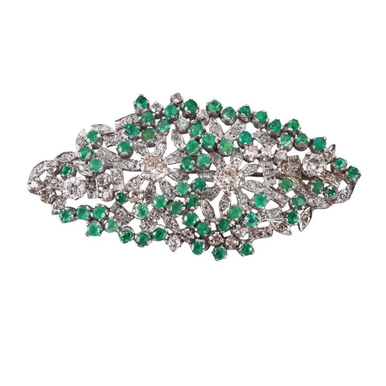 18k Gold Diamond and Emerald Brooch