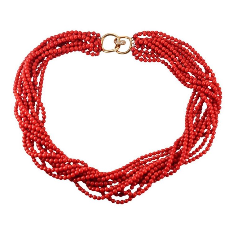 18k Gold Coral and Diamond Necklace