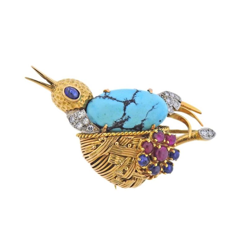 18k Gold Diamond and Turquoise Brooch