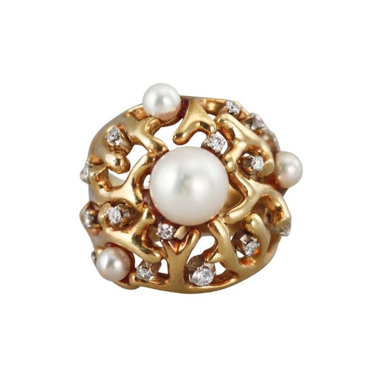 18k Gold Diamond and Pearl Ring