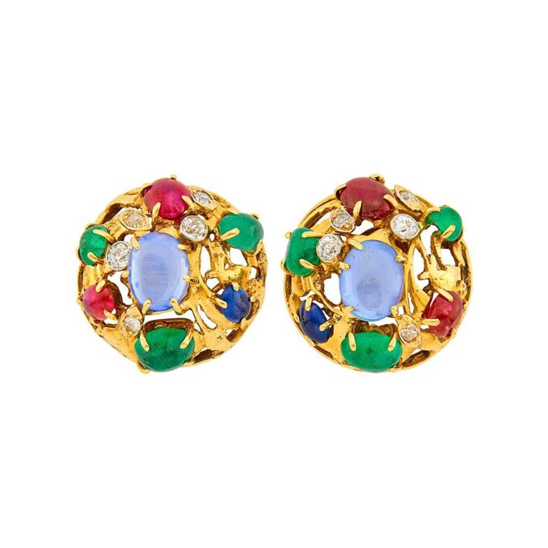 Pair of 14k Gold Sapphire Emerald Ruby Earrings