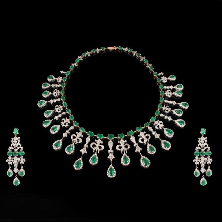14k Two-Tone Gold Emerald and Diamond Jewelry Set