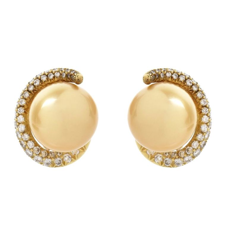 18k Yellow Gold Pearl and Diamond Earrings