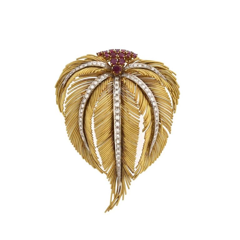 18k Yellow and White Gold Diamond and Ruby Brooch