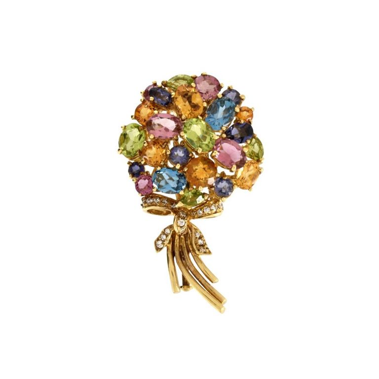 18k Yellow Gold Gemstone and Diamond Flower Brooch