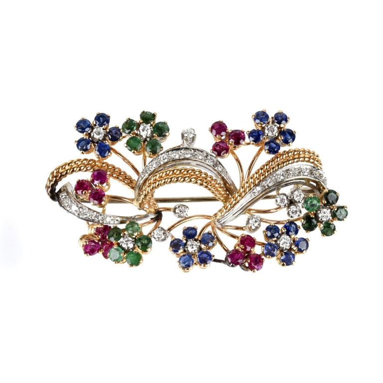 18k Yellow and White Gold Gemstone Flower Brooch