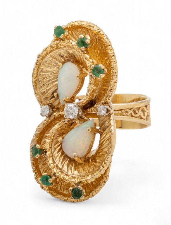14k Yellow Gold Opal, Emerald and Diamond Ring