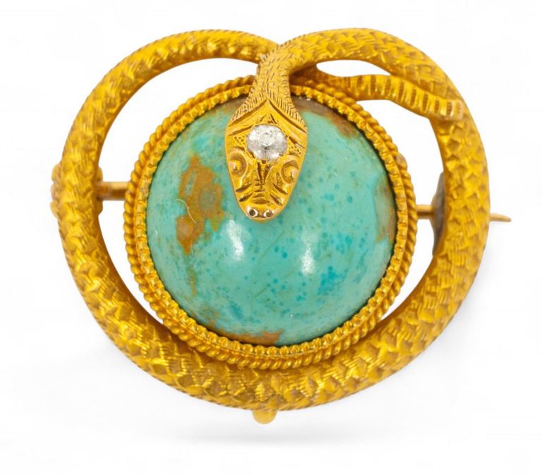 14k Yellow Gold Turquoise and Diamond Brooch