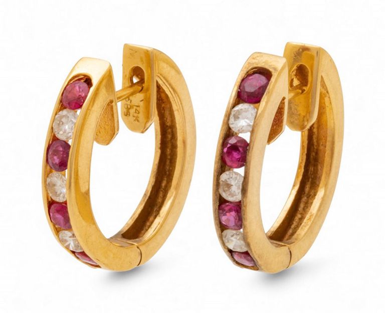 14k Yellow Gold Ruby and Diamond Earrings