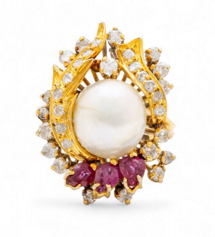 Pearl, Diamond and Ruby Ring
