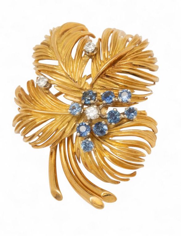 18k Yellow Gold Diamond and Sapphire Brooch
