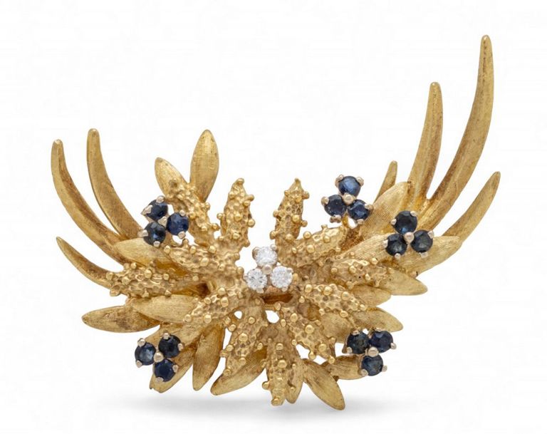 14k Yellow Gold Diamond and Sapphire Brooch