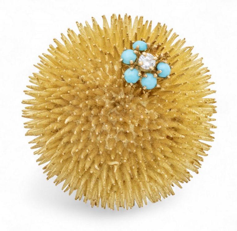 18k Yellow Gold Diamond and Turquoise Brooch
