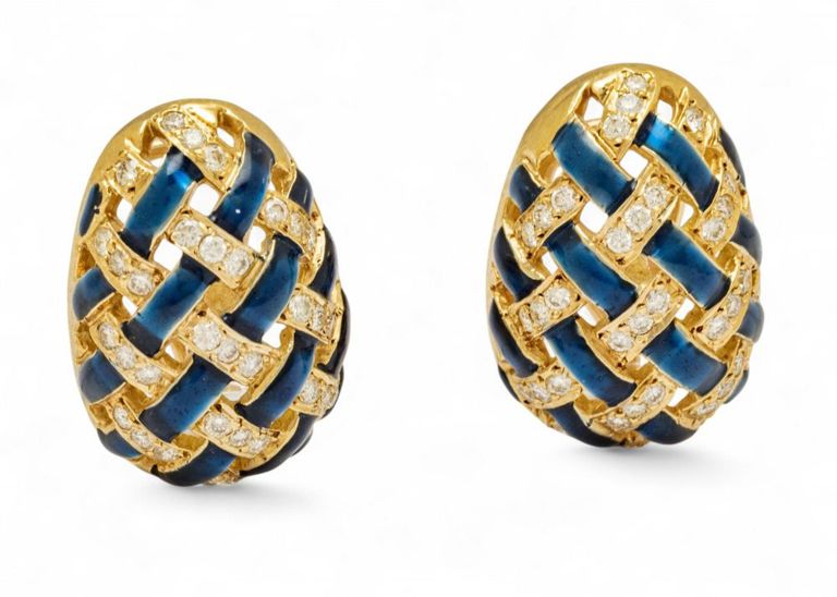 Pair of 14k Gold Diamond and Enamel Earrings