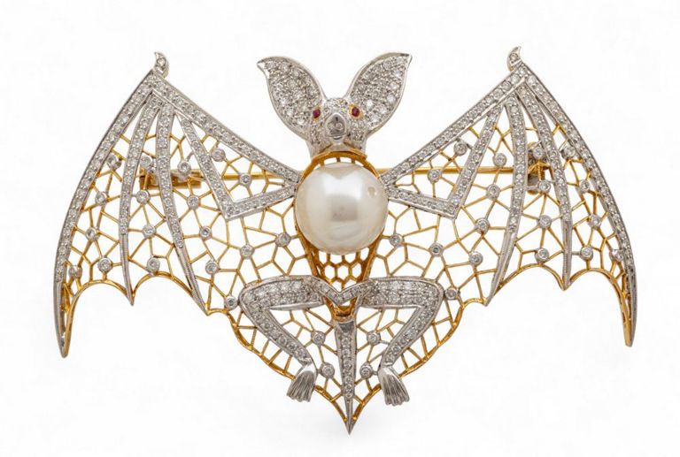 Diamond Pearl and Ruby Bat Brooch