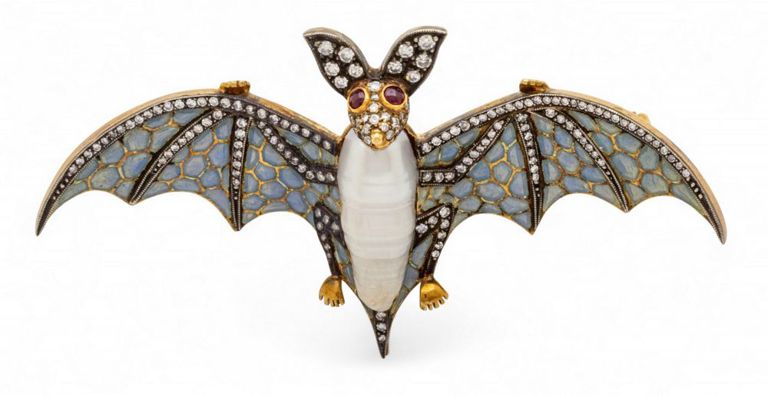 Diamond Opal Pearl and Ruby Bat Brooch