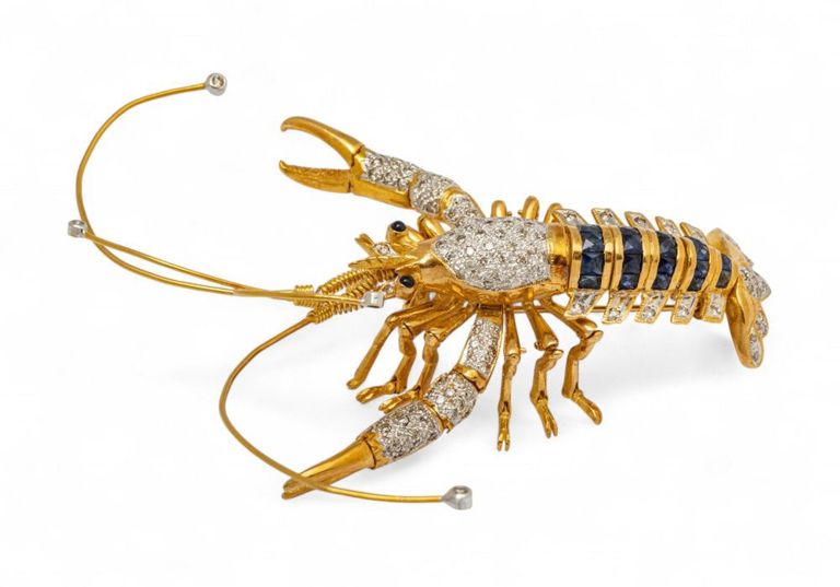 18k Gold Diamond and Sapphire Lobster Brooch