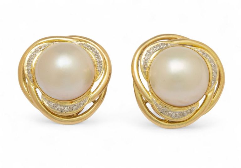 14k Gold Mabe Pearl and Diamond Earrings