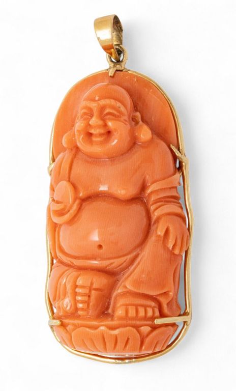 14k Gold Coral Buddha Pendant
