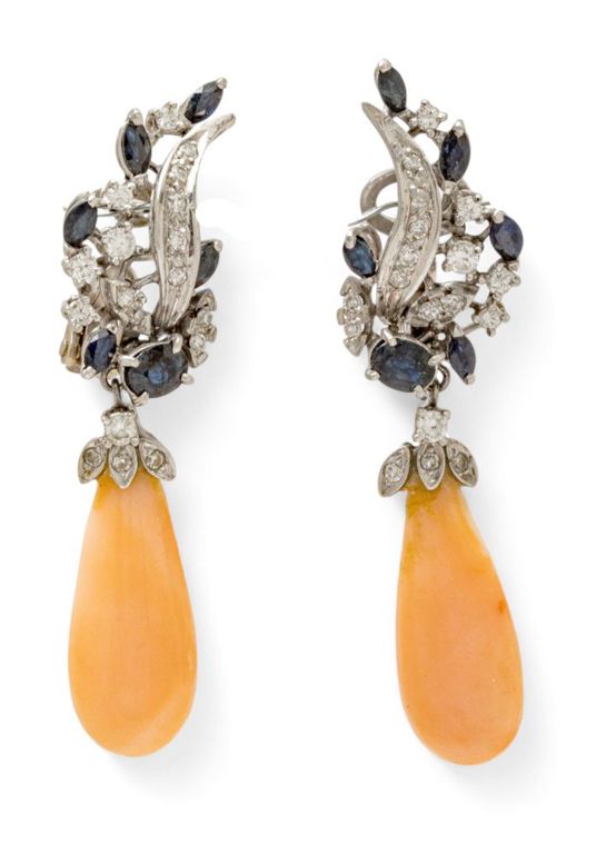 18k Gold Coral Sapphire and Diamond Earrings