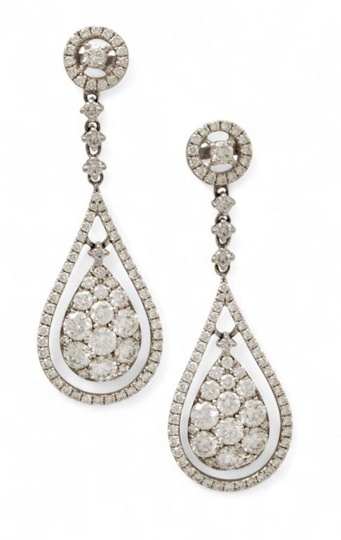 14k White Gold Diamond Hoop Drop Earrings