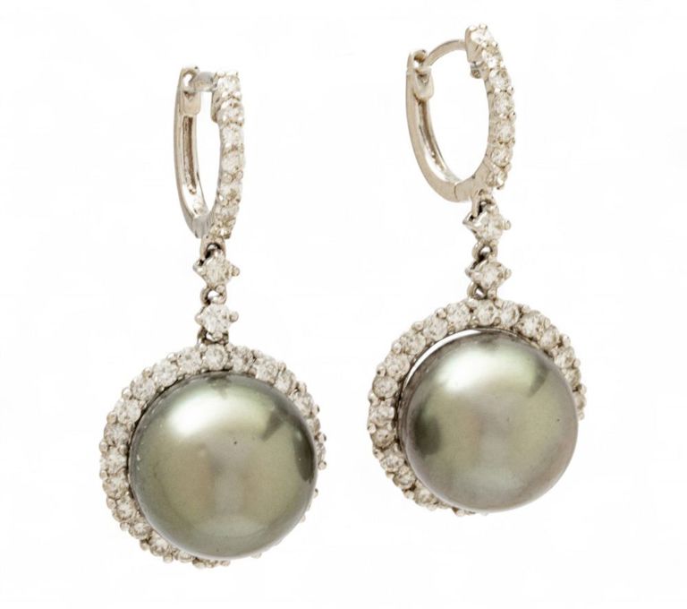18k White Gold Tahitian Pearl and Diamond Earrings