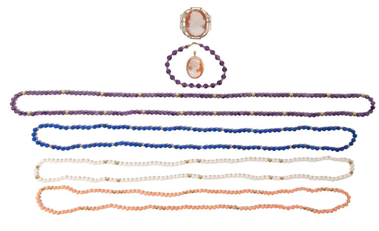 Set of 7 14k Gold Cameo and Beaded Jewelry