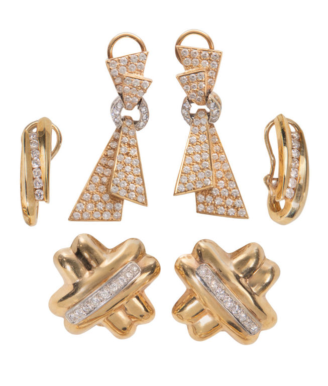 Set of 3 14k Gold Diamond Earrings