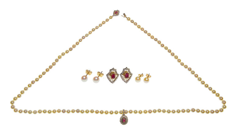 14k Gold Pearl, Ruby and Diamond Jewelry Suite